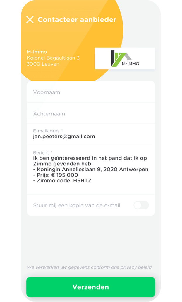 Vanuit de Zimmo app kan je snel en makkelijk contact opnemen met de verkoper of verhuurder van de woning. Vanuit de Zimmo app kan je snel en makkelijk contact opnemen met de verkoper of verhuurder van de woning.