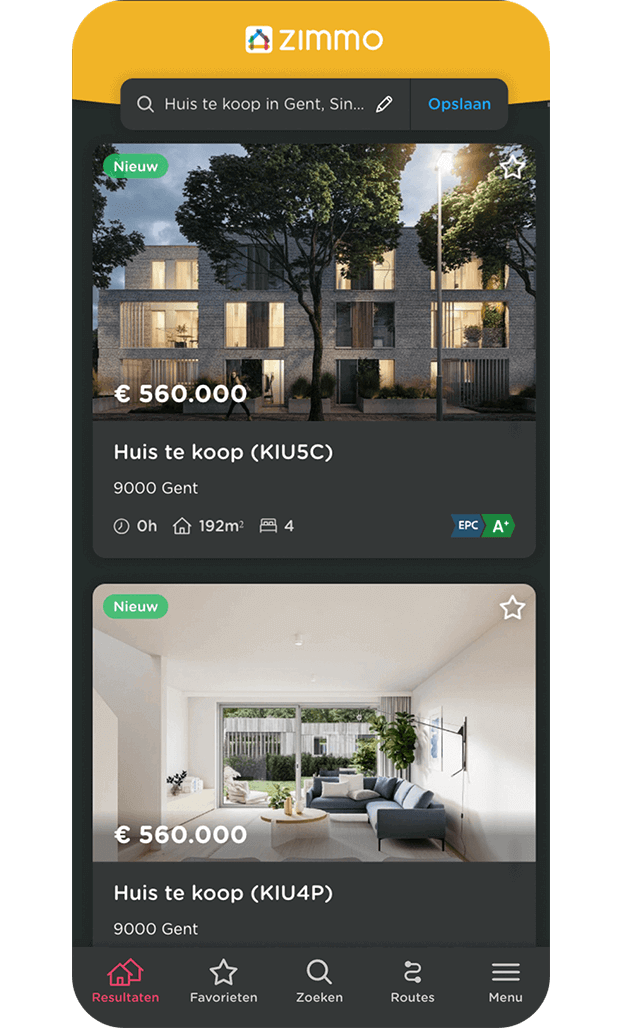 Zimmo app toont panden in lijst in donkere modus. Zimmo app toont panden in lijst in donkere modus.