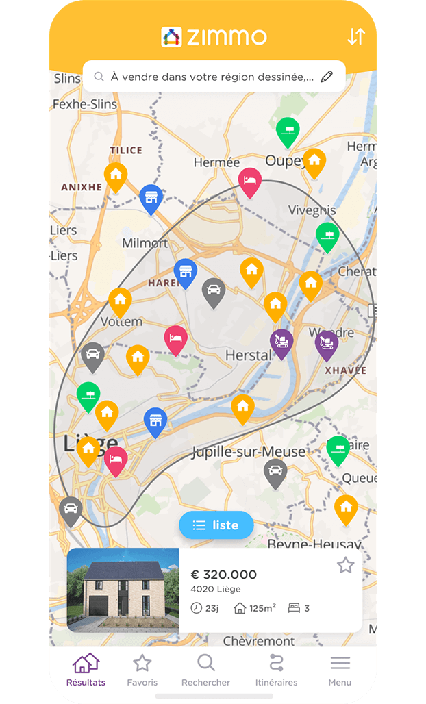 L'application Zimmo montre sur la carte quelles propriétés sont à vendre et à louer. L'application Zimmo montre sur la carte quelles propriétés sont à vendre et à louer.