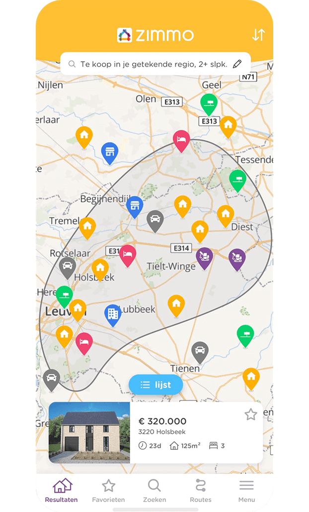 Zimmo app toont op de kaart welke panden er te koop en te huur staan. Zimmo app toont op de kaart welke panden er te koop en te huur staan.