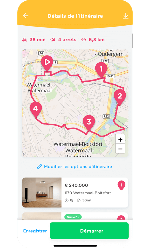 L'application Zimmo présente les propriétés sur un itinéraire intelligent L'application Zimmo présente les propriétés sur un itinéraire intelligent