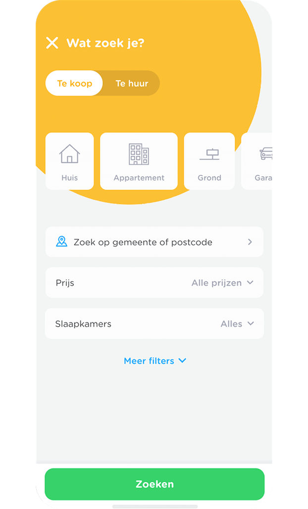 Smartphone waarop je het zoekscherm van de Zimmo App voor iOS en Android kan zien Smartphone waarop je het zoekscherm van de Zimmo App voor iOS en Android kan zien
