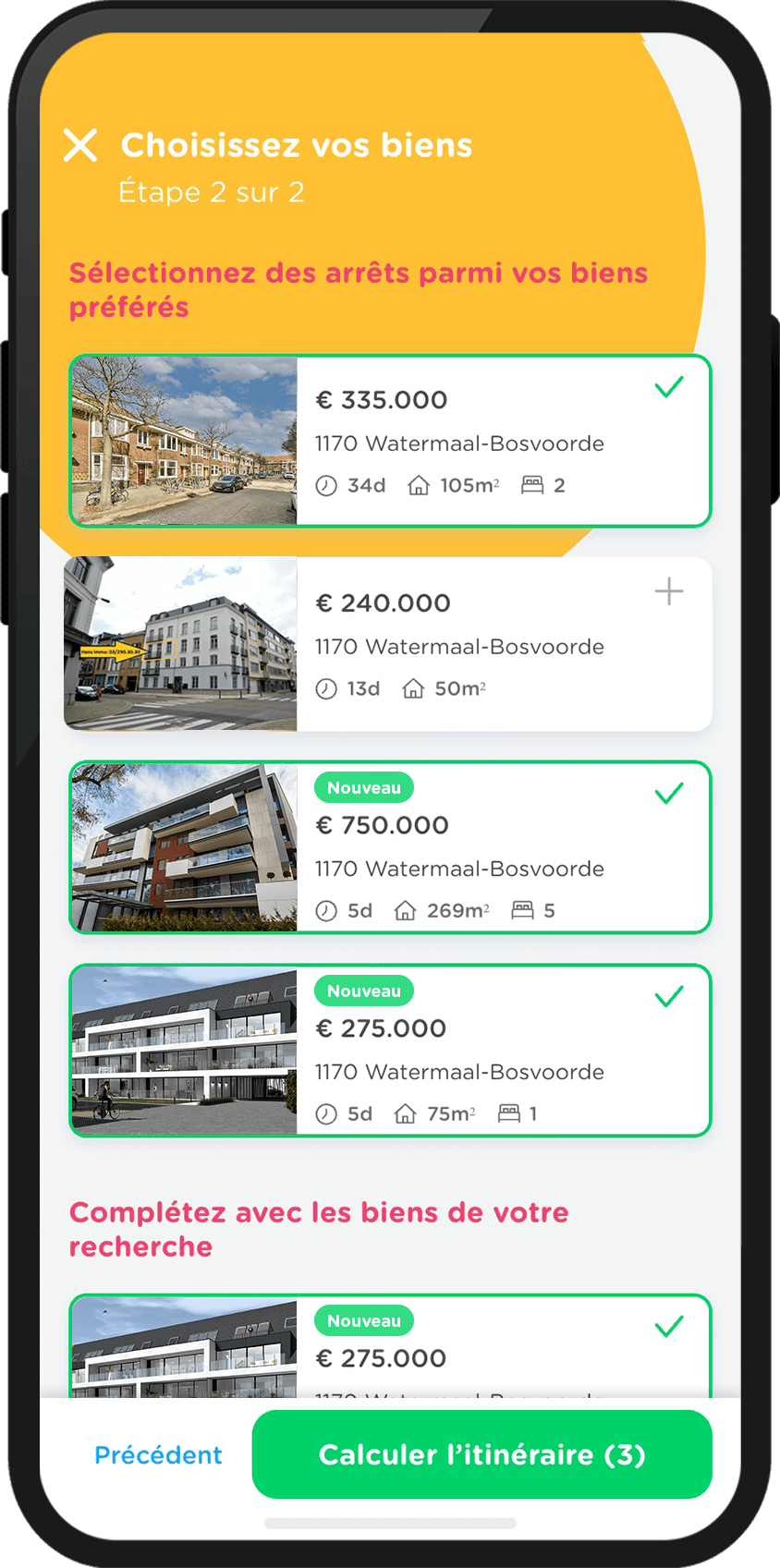 Smartphone où vous choisissez les propriétés pour votre itinéraire Zimmo.