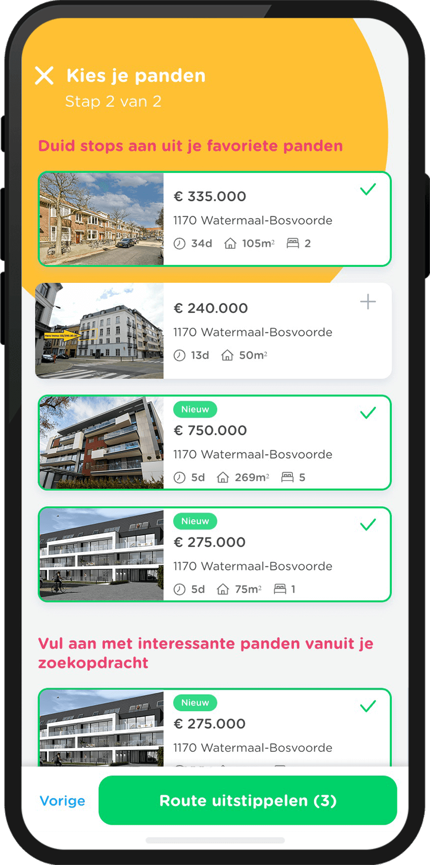 Smartphone waar je de panden voor je Zimmo route kiest.