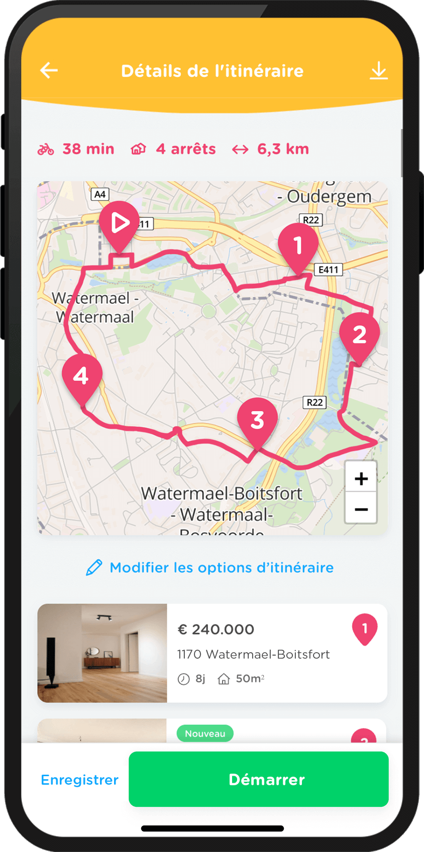 Smartphone avec un itinéraire Zimmo généré.