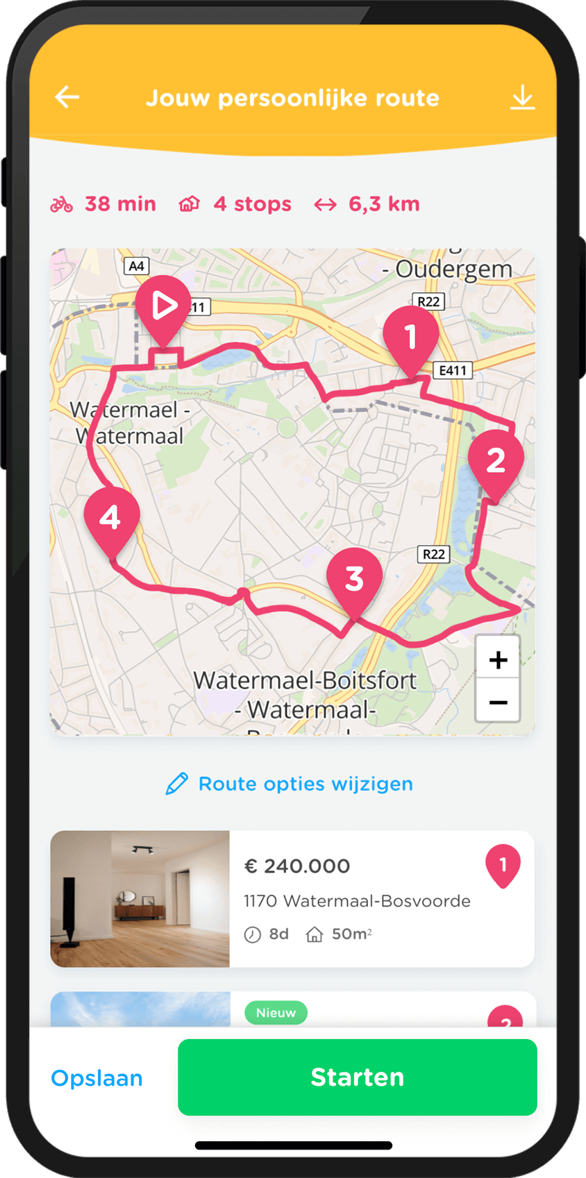 Smartphone met een gegenereerde Zimmo route.
