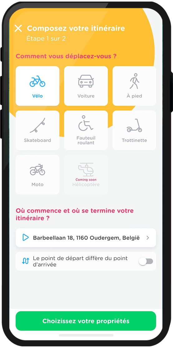 Smartphone avec un écran de choix de moyen de transport pour un itinéraire Zimmo.