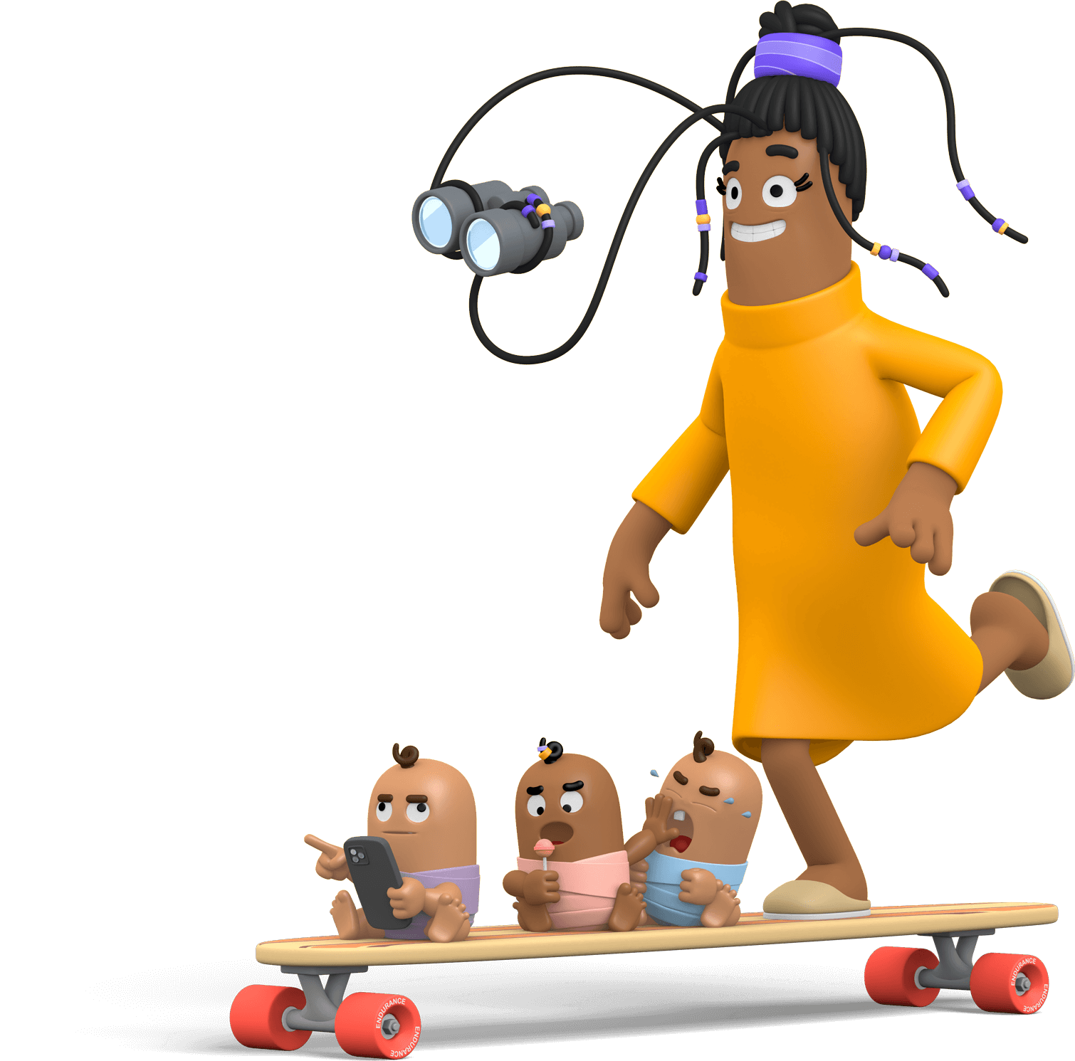 Femme avec des enfants en une planche longue qui suit un itinéraire Zimmo.