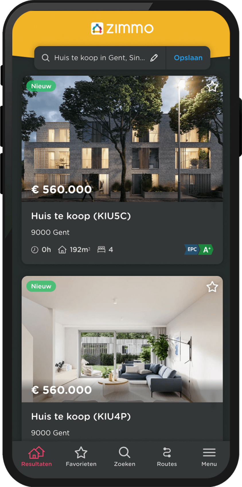 Zimmo app toont panden in lijst in donkere modus.