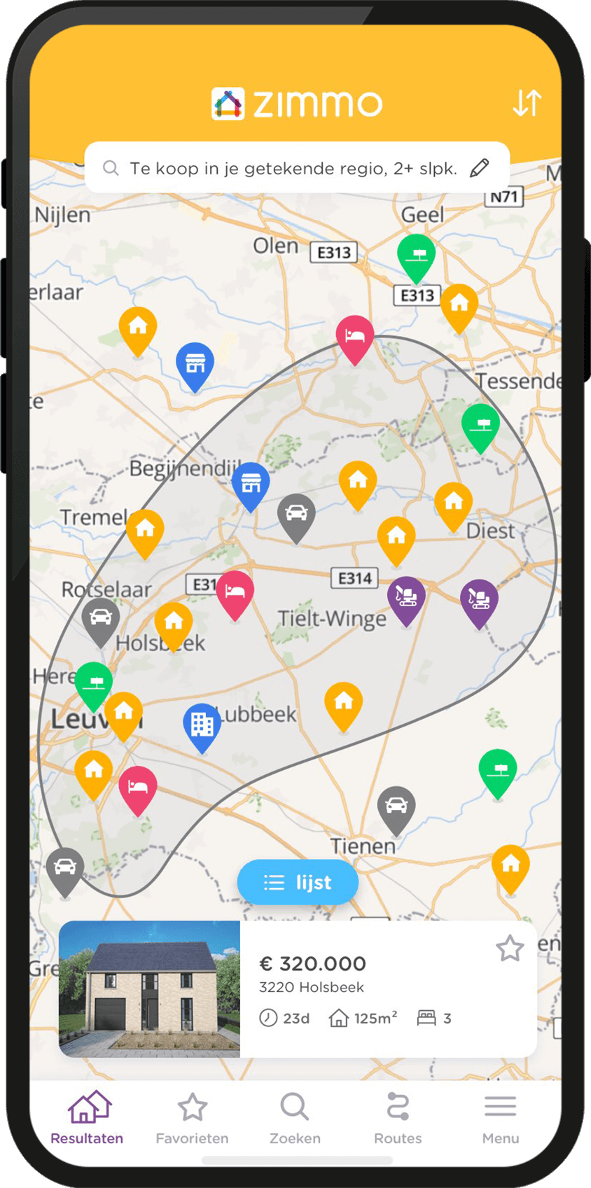 Zimmo app toont op de kaart welke panden er te koop en te huur staan.