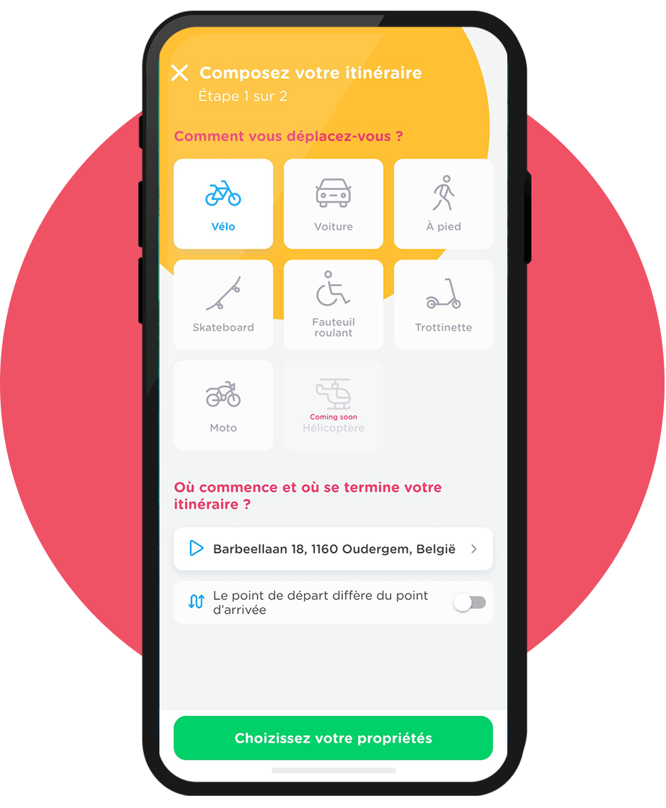 Smartphone avec un écran de choix de moyen de transport pour un itinéraire Zimmo.